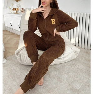 Plush brown hooded jumpsuit with zipper and R letter embroidery for cozy home wear