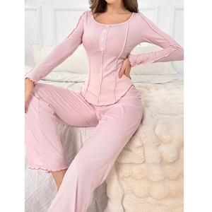 Women Sweet Solid Pink Sleepwear Long Sleeve Ribbed Lettuce Edge Top And Pants Loungewear Homewear Nightwear Apparel