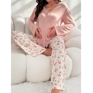 Pyjama floral rose à col en V, vêtement de nuit à manches longues pour grossesse et maison