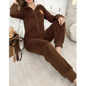 Cosy dark brown fluffy hooded jumpsuit with front zipper and varsity letter B embroidery