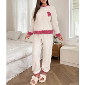 Women coral fleece heart pajamas set with contrast trim for warm winter loungewear