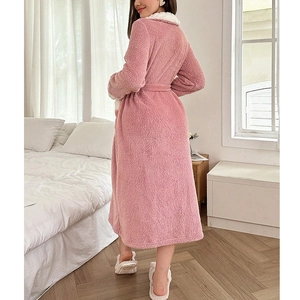 Pink coral fleece long robe with white faux fur collar and waist tie for home comfort