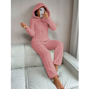 Soft pink teddy fleece hooded loungewear set with embossed grid texture for women