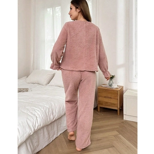 Thick pink coral fleece pajamas set with square neck and flare sleeves for women