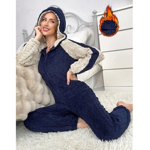Women's color-block coral fleece hooded jumpsuit in dark blue and beige with zipper