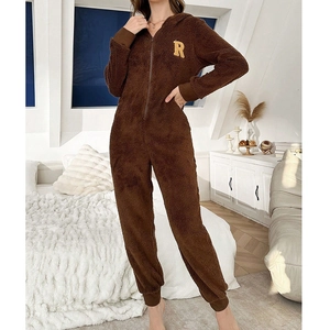 Women's dark brown plush hooded jumpsuit pajamas with front zipper and letter R patch