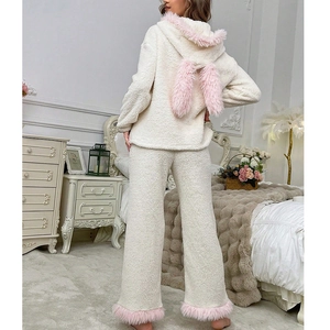 Women's fluffy coral fleece hooded pajama set with cute rabbit ears and pink plush trim