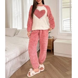 Thick warm fleece pajama set for women with pink heart embroidery and love you text