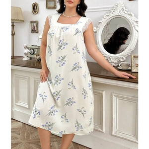 Women's floral print square neck nightgown with delicate lace trim on the shoulders
