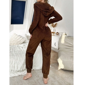 Brown fuzzy hooded jumpsuit for women featuring soft plush fabric and ribbed cuffs