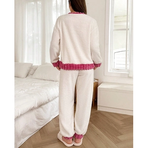 Women's heart contrast plush pajama set with long sleeves in soft coral fleece