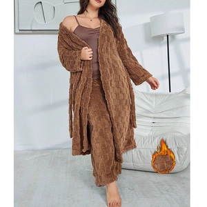 Three-piece brown fuzzy loungewear set with checkered texture cardigan and long pants