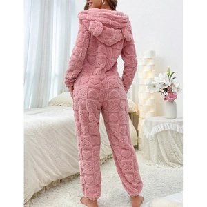 Pink coral fleece onesie with heart pattern and cute bear ear hood shown from the back