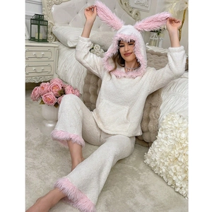 Women's cute bunny ear hooded pajamas set in warm cream coral fleece sleepwear