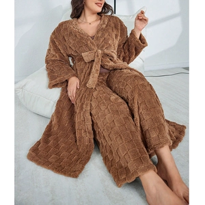 Detail of coffee brown plush bathrobe set with unique checkerboard embossed pattern