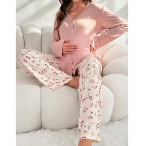 Pyjamas de Maternité Fleuri Doux pour Femmes Rose Col en V Haut Manches Longues et Pantalon Long Vêtements de Détente