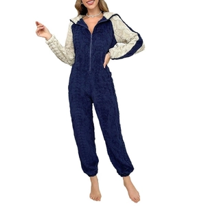 Navy and beige coral fleece hooded bodysuit pajamas for women with warm zip-up plush fabric