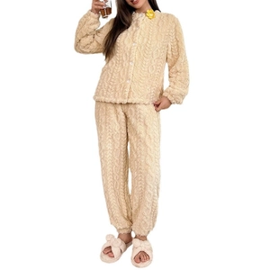 Thick cream fleece pajama set for women with cable knit texture and floral details