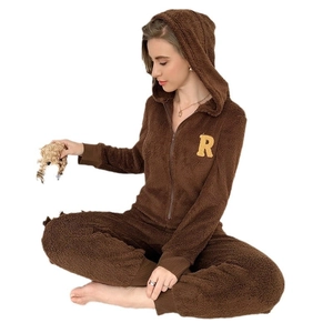 Brown fleece hooded jumpsuit for women with front zipper and letter R embroidery