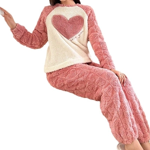 Thick warm flannel pajama set for women with heart patchwork and love you embroidery