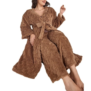 Three-piece fuzzy coffee brown loungewear set with textured robe and pants for winter