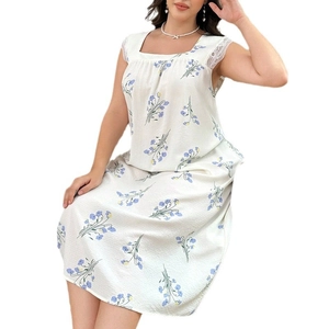 Women summer floral nightgown with square neck and lace trim in cream white textured fabric
