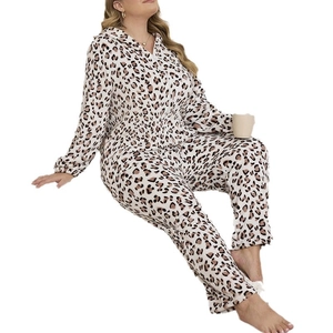 Women's cozy leopard print hooded fleece pajama set with zipper and elastic cuffs
