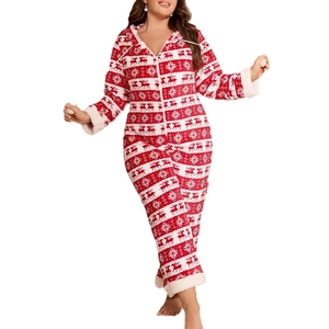 Women's Christmas elk print fleece hooded onesie with white faux fur trim on sleeves
