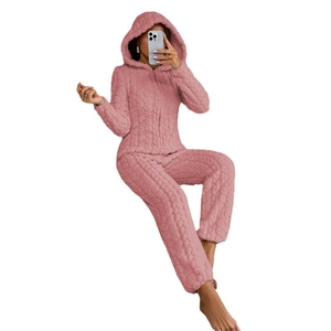 Pink fleece hooded loungewear set for women featuring diamond quilted texture fabric