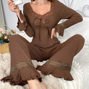 Lace-trimmed long-sleeve pajama set for women in dark brown with bow and pleated texture