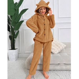 Women's thick plush hooded pajama set in caramel brown waffle fabric with cute ears