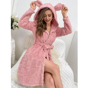 Women Pink Coral Fleece Hooded Robe Heart Embossed Warm Plush Sleeprobe With Animal Ears Cute Loungewear Bathrobe For Winter