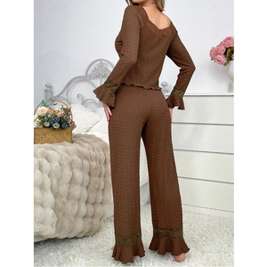 Lace-trimmed bubble texture pajama set for women with V-neck top and matching trousers