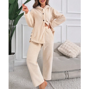 Chic cream white fleece hooded pajama set for women with thick warm plush texture
