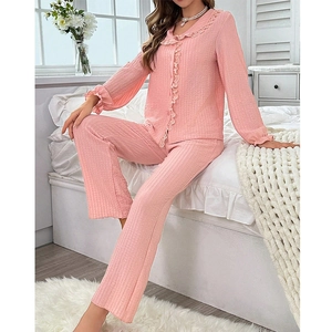 Women Pajama Set Ruffle Trim Cotton Blend Long Sleeve Peter Pan Collar Top And Bottom Sweet Loungewear Sleepwear For Women