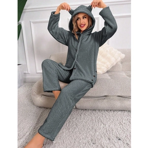 Thick waffle fleece hooded pajamas set with cute cat ears in dark grey for women