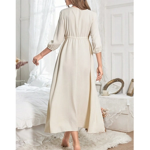 Elegant beige crew neck nightdress with ruffled edges and drawstring waist back view