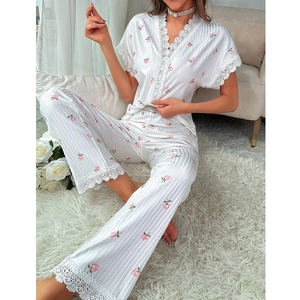 Women Sweet Lace Pajama V Neck Floral Cherry Pattern Home Wear Casual Short Sleeve Top And Long Pants Sleepwear