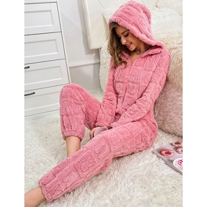 Women's Pink Thick Plush Onesie Pajamas Fuzzy Fleece Hooded Loungewear Rabbit Heart Pattern Zipper Winter Sleepwear