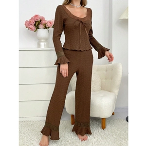 Brown lace pajama set for women with V-neck long sleeve top and straight-leg trousers