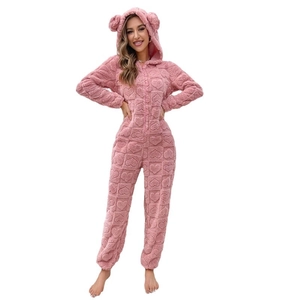 Pink heart-embossed fleece onesie pajamas with cute bear ears and zipper closure