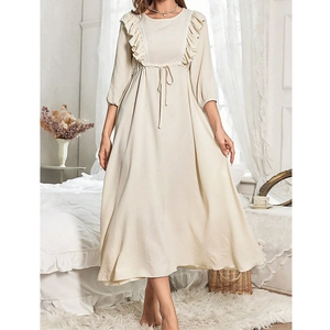 Elegant cream ruffled midi sleepwear dress with waist drawstring and long sleeves