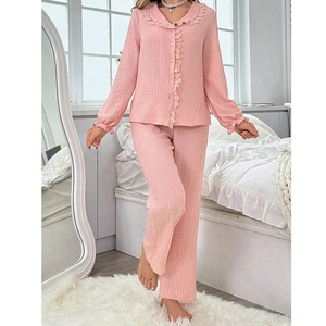 Pink sweet ruffles women's long sleeve pajama set with lace collar and lounge pants