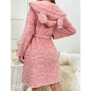 Pink fleece hooded bathrobe with heart embossing and cute bear ears on back view