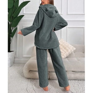 Gray-blue waffle texture hooded pajamas set with cute ear details on a model's back