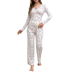 Floral print women's pajama set with V-neck long sleeve top and straight pants