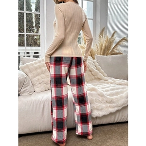 Women's crewneck long sleeve lounge set with beige rib knit top and red plaid pants