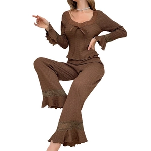 Brown ruffled lace loungewear set with bow detail and square neck long sleeve top