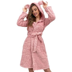 Pink heart-embossed thick coral fleece hooded bathrobe with cute animal ears and waist tie