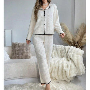 Women Thick Warm Pajama Set Cable Knit Contrast Piping Long Sleeve Top And Bottom Lounge Wear Winter Home Clothing Set